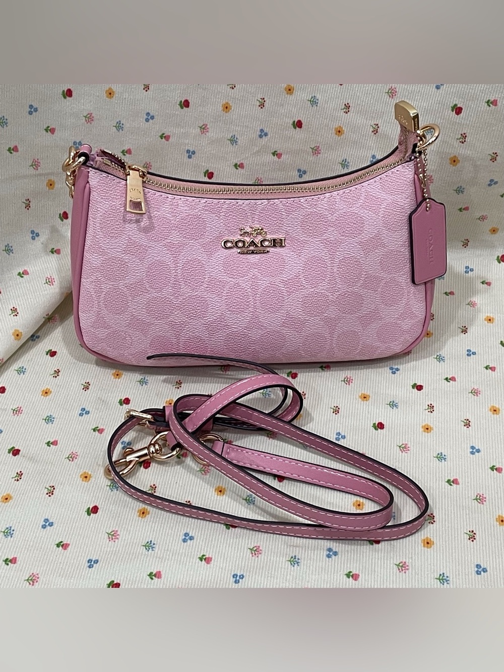 COACH Pink Signature Mini Crossbody with Gold Hardware